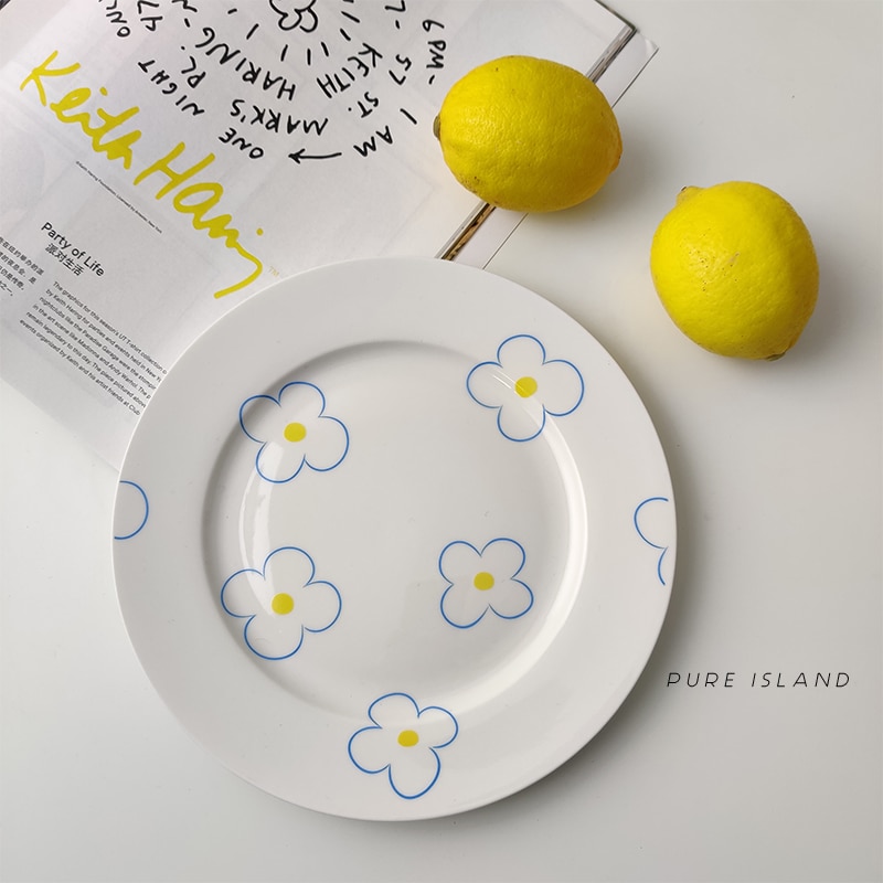 8 Inch Tableware Cute Flower Pattern Plates Ceramic Dinner Set Nordic Porcelain Dessert Plate Steak Salad Snack Cake Plates