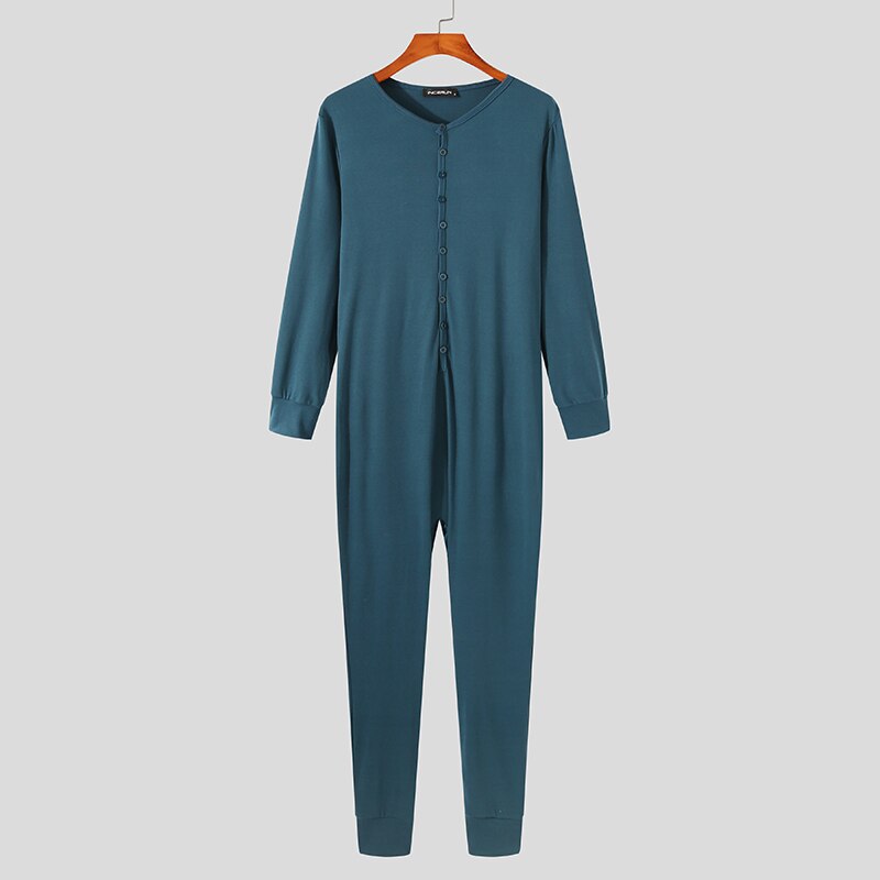 Uomo pigiama tute Homewear scollo a V manica lunga tinta unita accogliente tempo libero pagliaccetti Sleepwear Fitness uomo pigiami S-5XL INCERUN: Blue / L