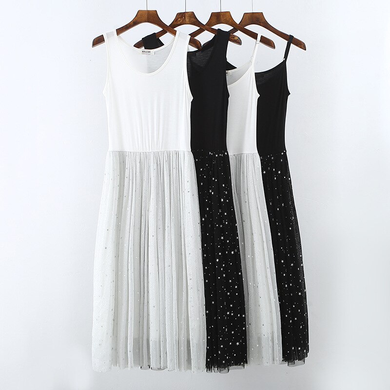 Sequined Five-pointed star yarn mesh lace slip dress modal camisole underskirt vests long sleeveless petticoat midi dress autumn