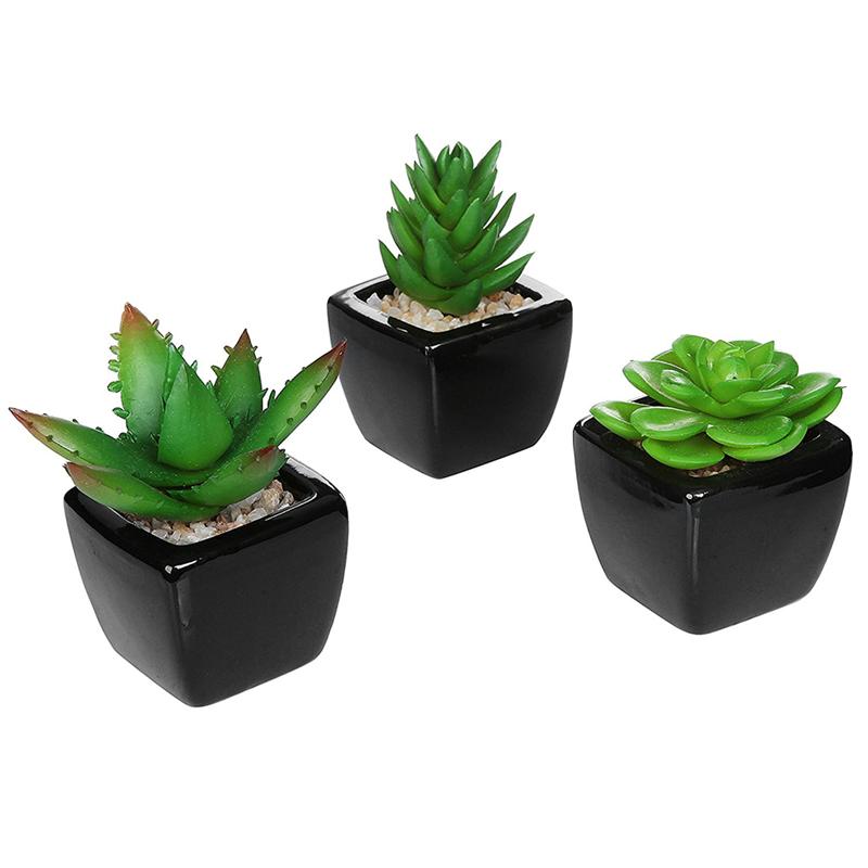 3Pcs Vierkante Zwarte Keramische Kunstmatige Succulent Planter Mini Faux Potplanten