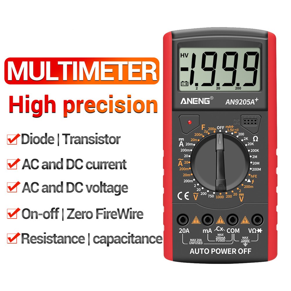 ANENG DT9205A+ Digital Multimeter 1999 Count Manual Range Universal Meter AC DC Resistance Capacitance Transistor Tester