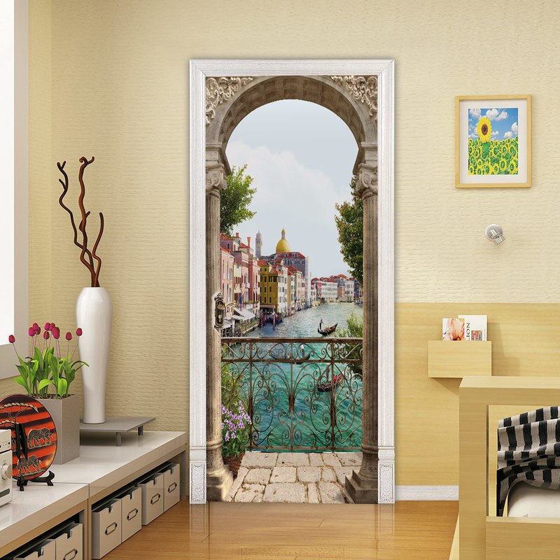 3D balcón mar paisaje puerta pegatina arte DIY pared Mural sala de estar dormitorio puerta papel tapiz PVC autoadhesivo impermeable decoración de casa