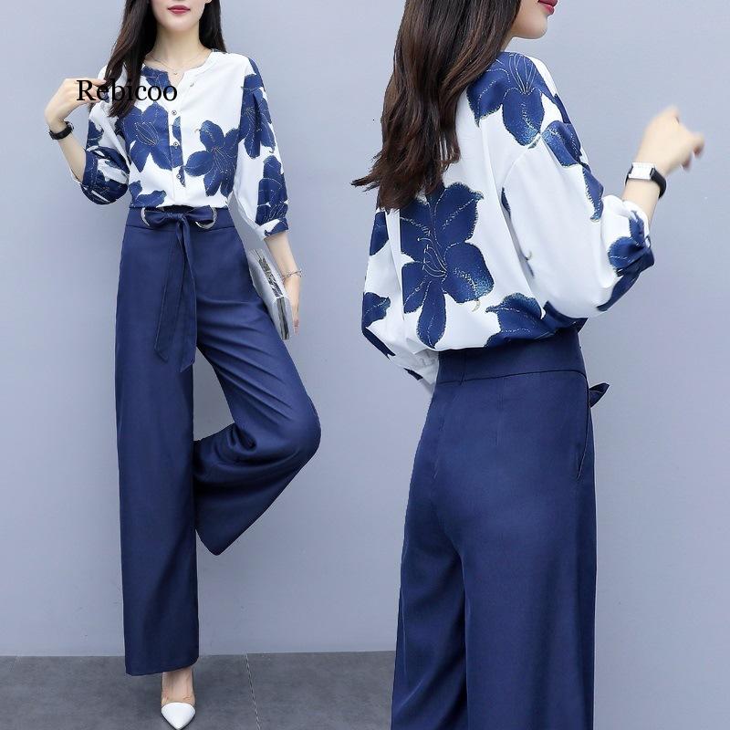Primavera verão chiffon floral impressão de duas peças define mulheres blusas e calças largas perna ternos elegante moda escritório senhoras outfits
