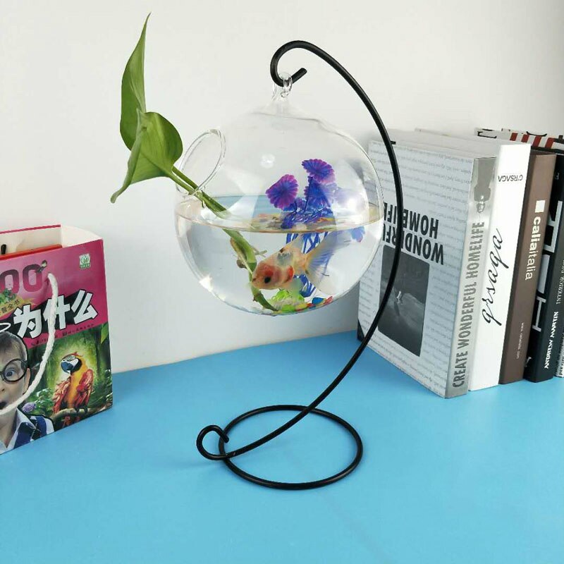 Desktop Hanging Glass Fish Tank Mini Aquatic Plants Vase Fish Tank Transparent Goldfish Tank Iron Support Aquarium