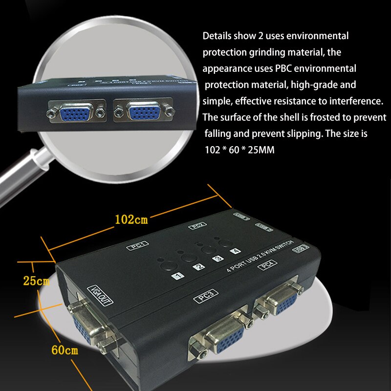 USB VGA KVM Switch with 4 Cables, 4 Port Selector Switcher for 4PC Sharing One Video Monitor and 3 USB Devices