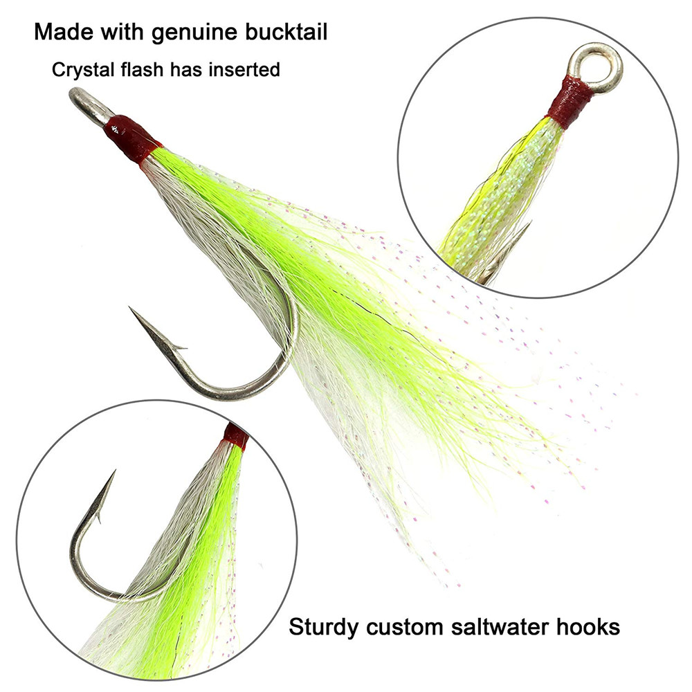 15pcs Jig Fishing hook with Bucktail Teasers Fluke jig Rig kit for Saltwater Fishing Plugs Lures