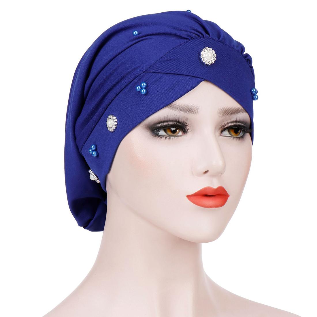 Nuove Donne Musulmano Perline Cancro cap Cofano Cappello Turbante Foulard avvolgere cap Perdita di Capelli Elastico Skullies Berretti Arabo di Modo Della Copertura: Blu