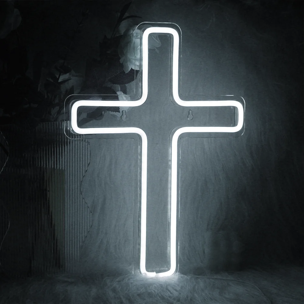 Wanxing-señal de neón LED en forma de cruz, USB con interruptor, lámpara colgante de arte de pared para vacaciones, Bar, boda, , Club, decoración de la habitación del hogar: Blanco frío