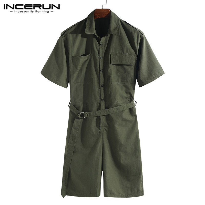 INCERUN Streetwear Männer Gesamt-spielanzug Gürtel Taschen Halbes Feste Hosen Männer Lässig Gesamt Overall Harajuku: Armee Grün / L