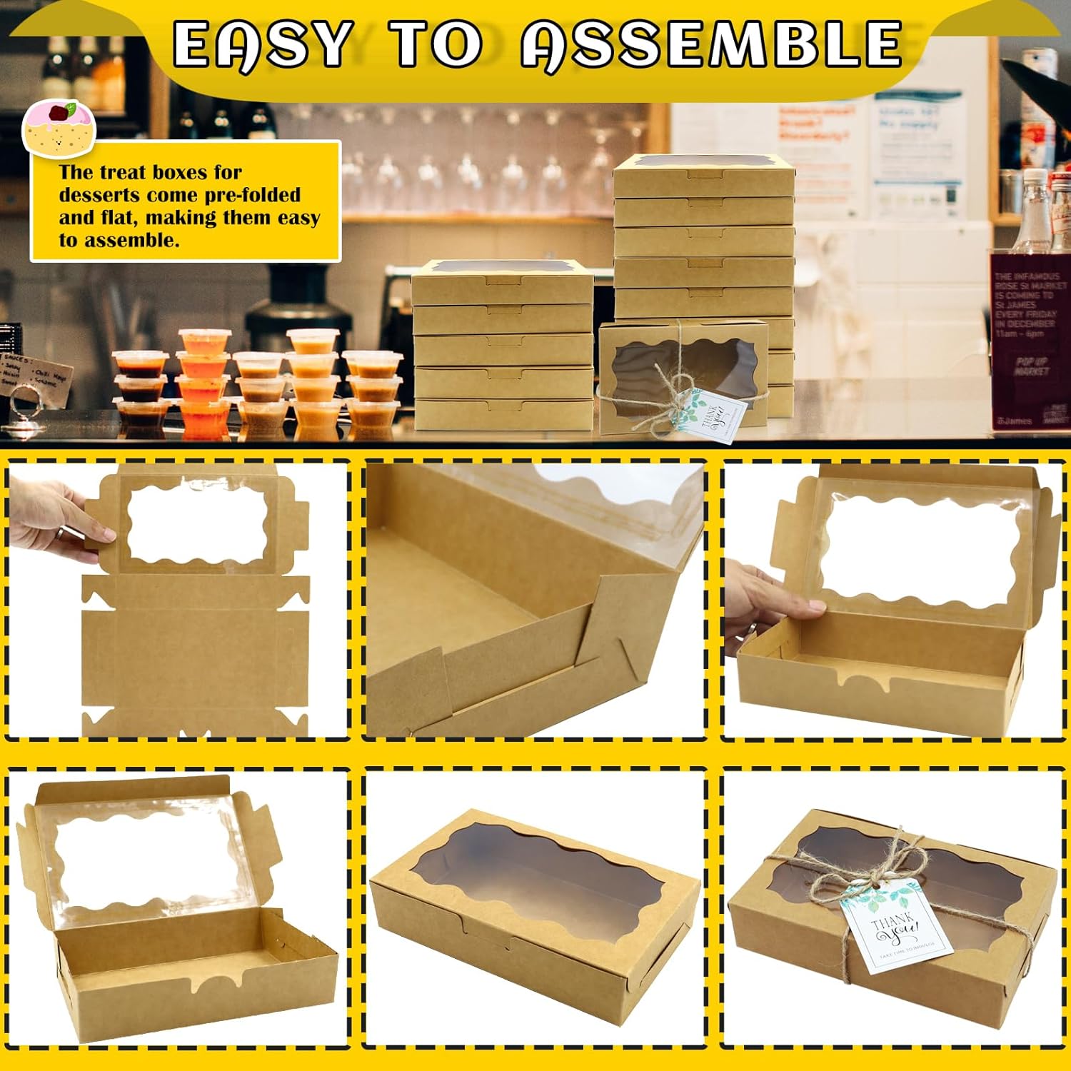 Cajas para galletas con ventana transparente, pequeñas cajas de dulces Kraft, cajas de pastelería premium con etiquetas, cuerdas para embalaje de galletas, postres y magdalenas