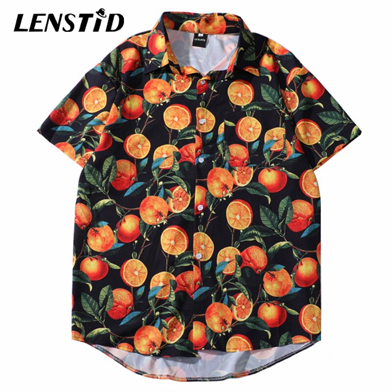 Lenstid mænd hip hop orange print hawaiian strand skjorte harajuku streetwear blomster skjorte kortærmet sommer aloha skjorter top