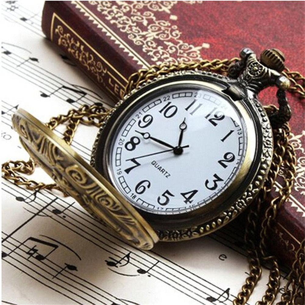 Unisex Antique Case Vintage Brass Rib Chain Train Pattern Quartz Pocket Watch