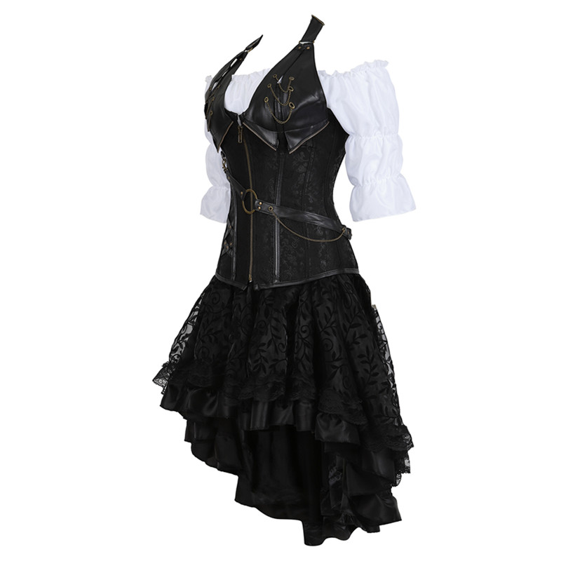 Drei-stück Steampunk Korsett Kleid PU Leder Korsetts und Bustiers mit Felsen gotisch retro Kostüm Burleske Felsen Plus Größe 6XL