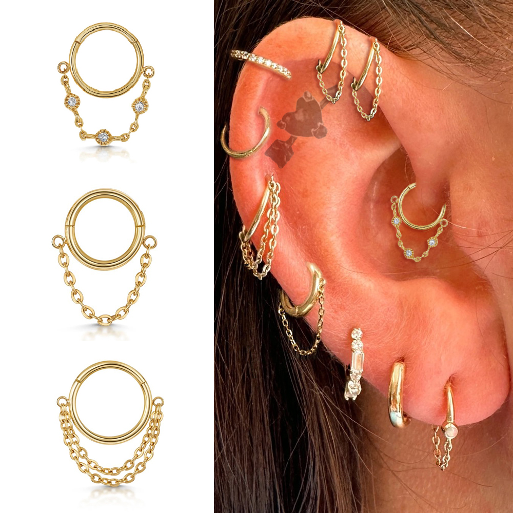 1Pc Roestvrij Staal Eenvoudige Septum Piercing Neus Ringen Vrouwen Oorringen Met Ketting Goud Kleur Tragus Toren Oor Piercing Sieraden