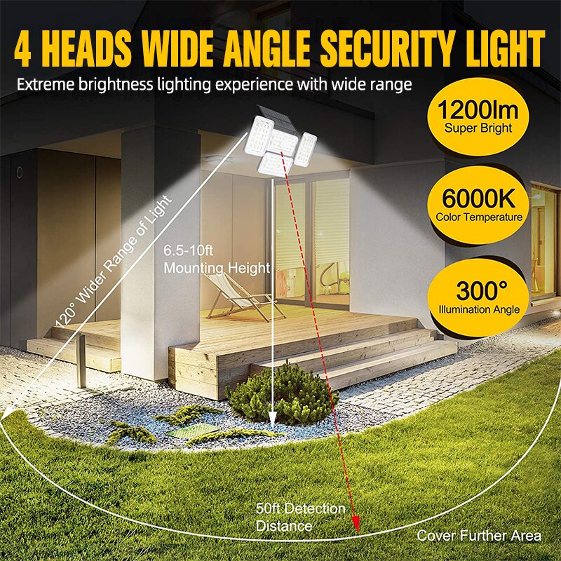LITOM 242 LED Solar Lights Outdoor With Motion Sensor 4 Heads Security Waterproof Lights Solar Powered Flood Light for Garage