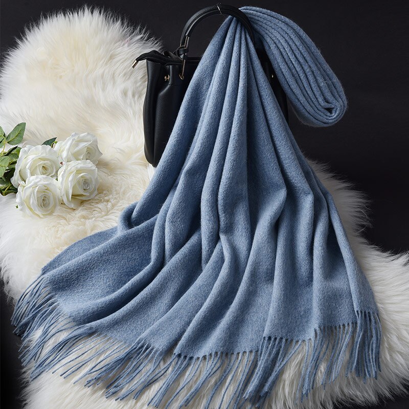 Vinter uld tørklæde til damer tyk echarpe wraps med kvast foulard femme halsvarmer kvinder grønne kashmir tørklæder: Tåge blå