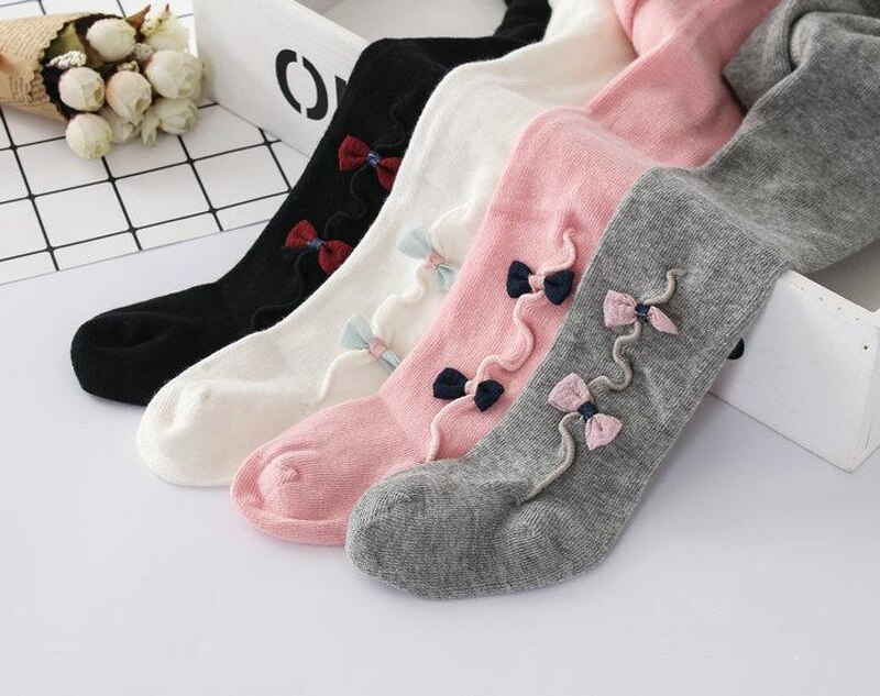 Cute Baby Girls Bowknot Cotton Warm Tights Stockings Autumn Winter White Black Grey Pink Solid Kids Girl Stockings 0-3 Years