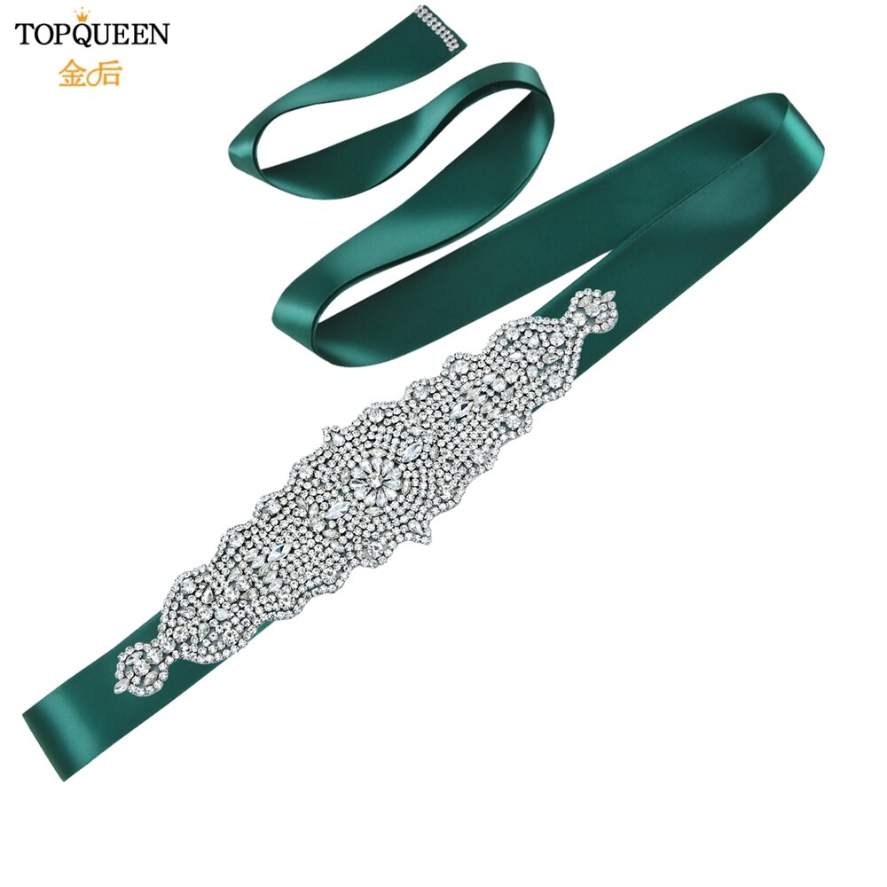 TOPQUEEN S233 Luxus Strass Gürtel Braut Kleid Schärpe Hochzeit Zubehör Frauen Marokkanischen Kaftan Band Bund Applikationen: dunkel Grün Schleife