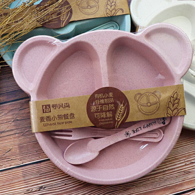 Baby Wheat Straw bowl+spoon+fork Feeding Food Tableware Cartoon Bear Kids Dishes Eating Dinnerware Set Anti Training Plate