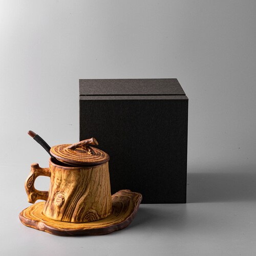 Handmade stoneware coffee mugs cup household coffee mugs with handles retro art garland cup Japanese tree stump-shape: 2
