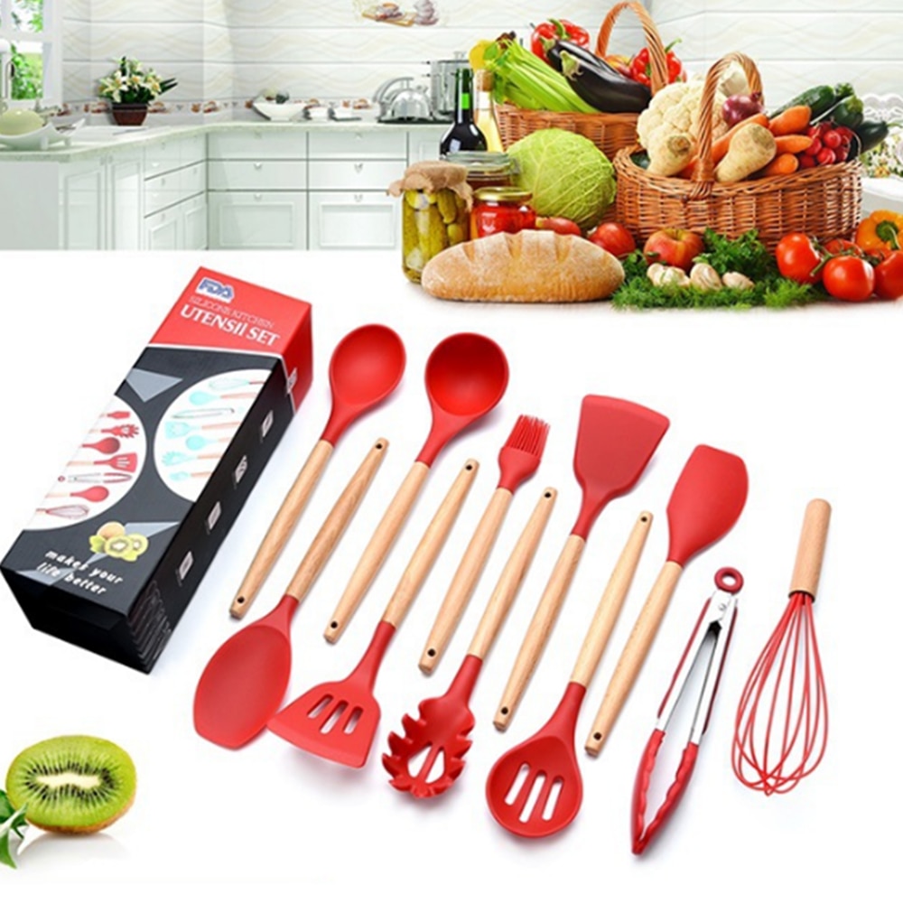 Kitchen Utensils Set Red Cooking Utensils Set Silicone Kitchen Tools Gadgets Wooden Spatula Set