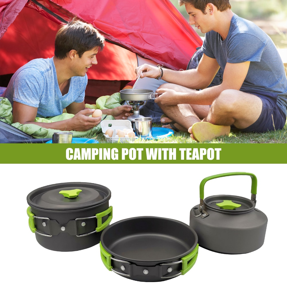 3 Stks/set Outdoor Camping Wandelen Cookware Gebruiksvoorwerpen 2-3 Mensen Draagbare Reizen Picknick Theepot Pot Koekenpan Koken Servies