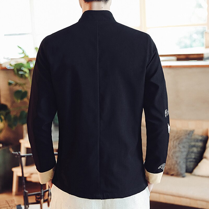 Red-Crowned Crane Embroidery Men Black Tang Jacket Chinese Style Mandarin Collar Mens Suit Jacket Frog Closures Man Coat