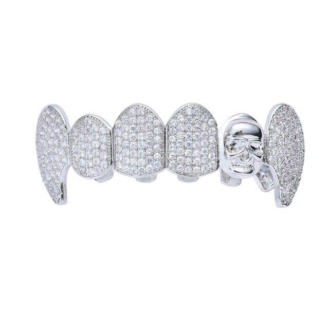 Goud Zilver Kleur Hip Hop Fang Tanden Caps Zirconia Top & Bottom Clown Schedel Grills Set: silver top