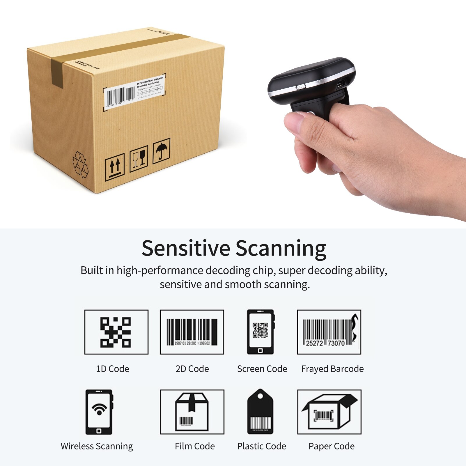 Aibecy 2D Ring Barcode Scanner Draagbare Bt Draadloze Wearable 270 ° Rotatie Compatibel Windows Mac Android Ios Voor Supermarkt
