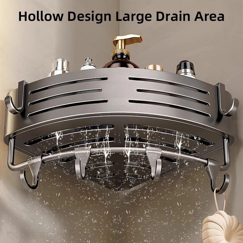 1-2PCS Badezimmer Eckregal mit Kunststoff Haken Handtuchhalter Kein Bohrenraum Aluminium Dusche Lagerregal Badezimmer Organizer