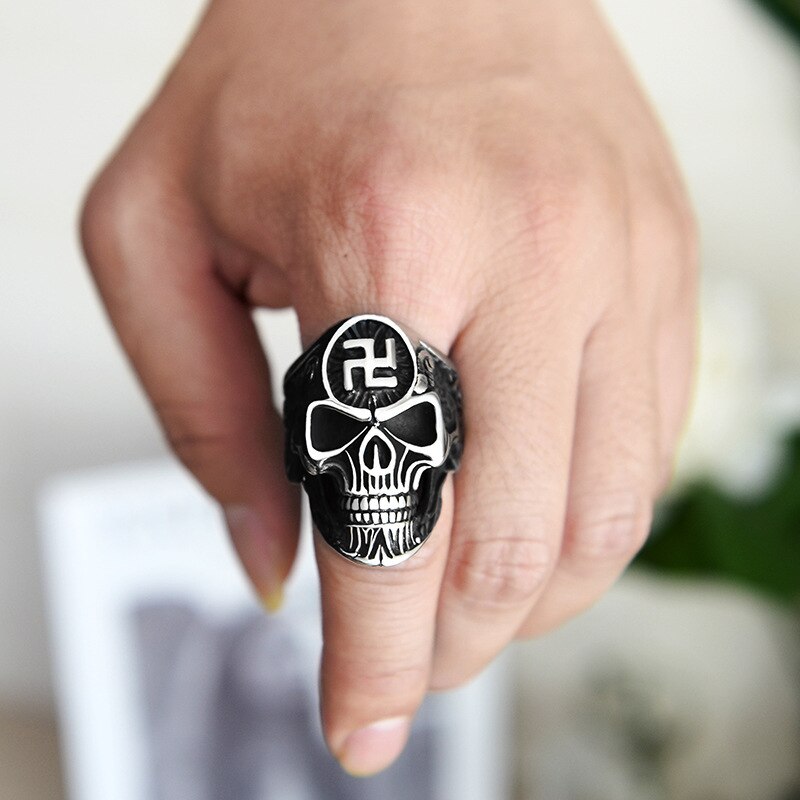 Punk hagekors symbol skelet spøgelseshoved store ringe til mænd rustfrit stål tilbehør religiøse kranium mænd svastika ring