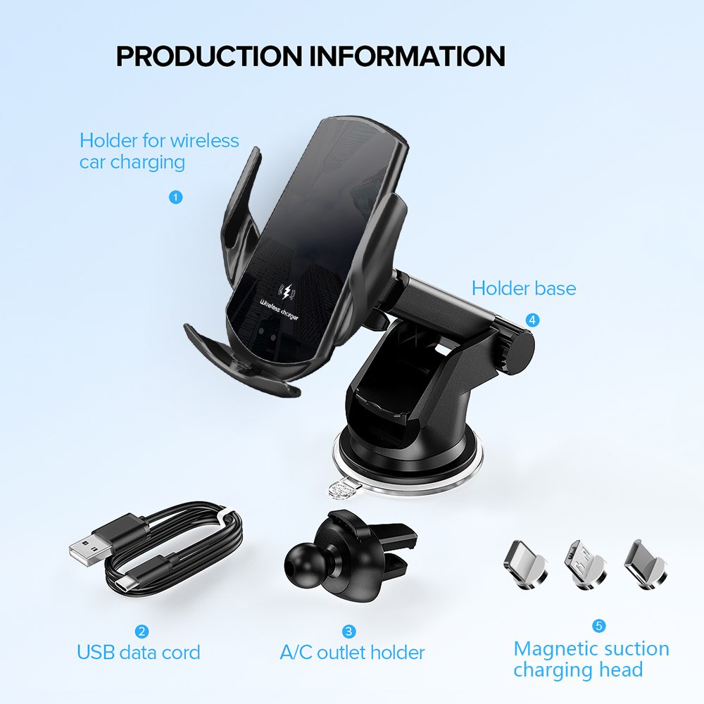 Cargador inalámbrico Qi para coche, sujeción automática de teléfono con soporte magnético, 15W, para iPhone 13, 12, 11 Pro, XR, X, 8, Samsung S20, S10: 2 in 1 Black