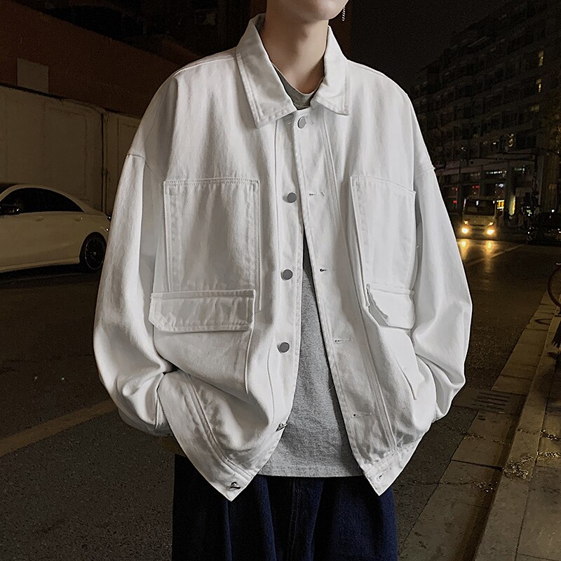 Höst män grön jeansjacka koreansk lapel långärmad vita jeans jackor man casual lös enkelknäppt svart jacka