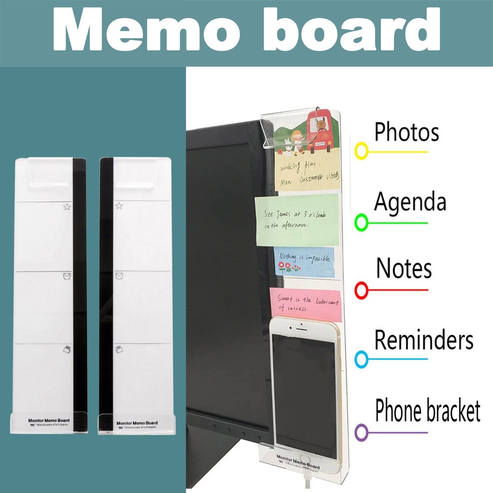 1PC Plastic Monitor Message Memo Board For Sticky Notes Tabs Phones PC Screen Computer Monitors Side Panel Planner
