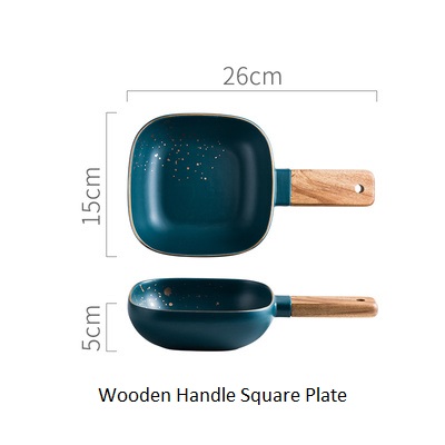High Retro Green dinner plates set Nordic Ceramic Tableware Set Dinnerware Set Bowl Plate Soup Bowl Set Modern Style: Wooden Handle square