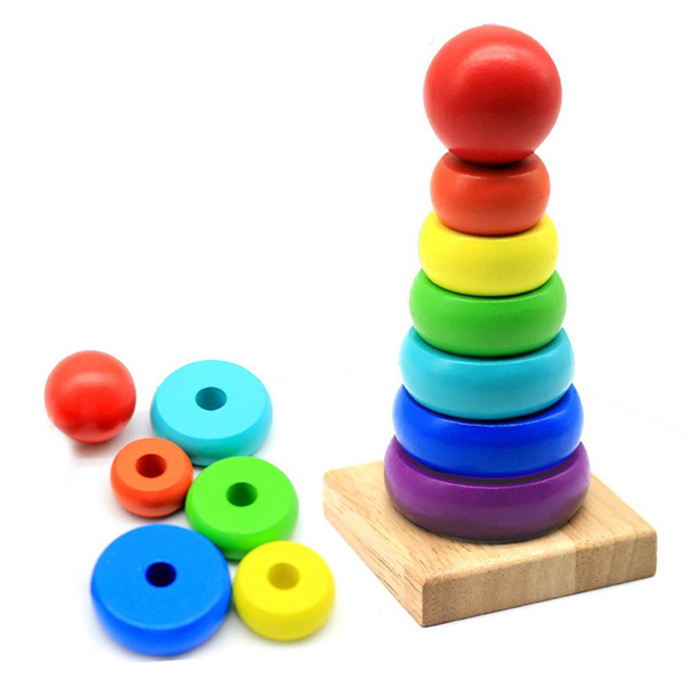 Kids Toddler Puzzle Toy Rainbow Color Wooden Color Number Cognition Ring Tower Stacker