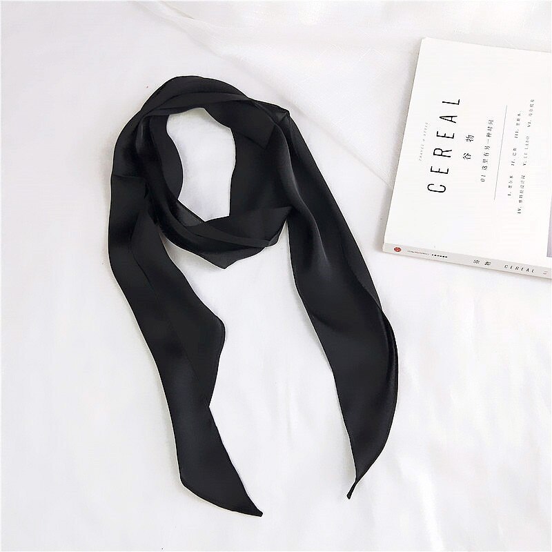 Foulard en soie imitation ruban pour femme, joli foulard solide pour fille, bandeau pour cheveux, poignée de sac, petits foulards: Noir