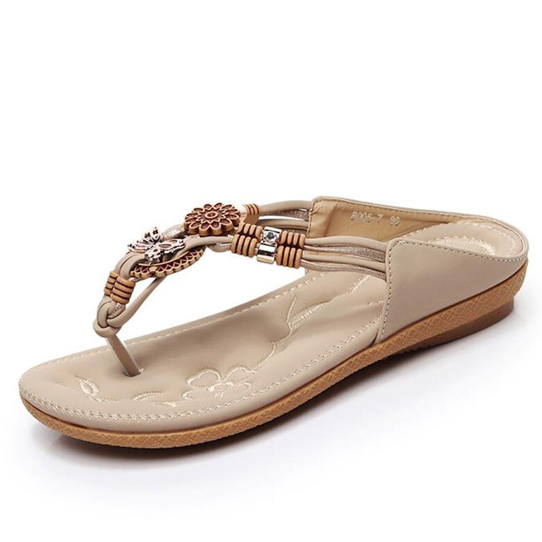 TIMETANG, Sandalias planas bohemios étnicos de verano para mujer, sandalias chanclas con cuenta para mujer, sandalias de playa de talla grande, zapatos informales 36-41: beige / 10