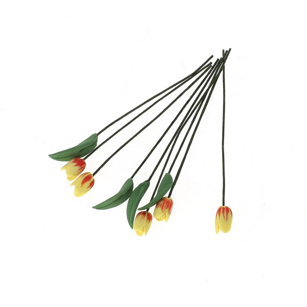 9pz Artificiale Tulipano Giallo Fiori e foglie 1:12 Casa Delle Bambole Decorazione