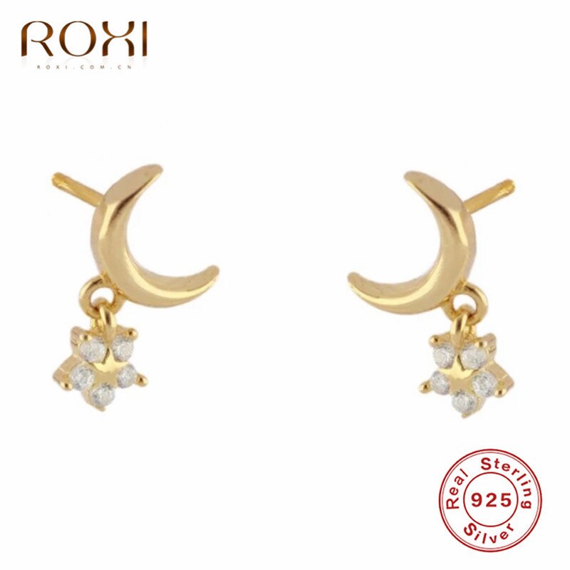 ROXI Neue Mond und Stern Ohrringe 925 Sterling Kristall Zirkon Kleine Stud Ohrringe für Frauen Brincos Delicate Koreanischen Ohrringe