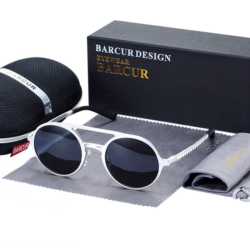 BARCUR rétro aluminium magnésium lunettes de soleil polarisées Vintage accessoires lunettes femmes lunettes de soleil conduite hommes lunettes de soleil rondes: Silver Original