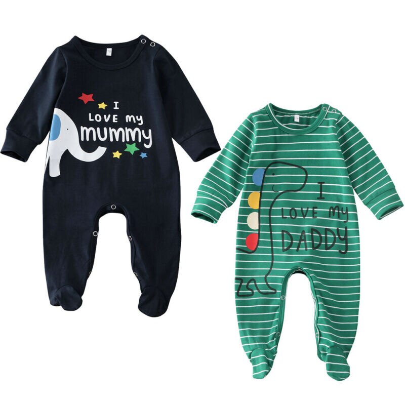 Nyfödda bebiskläder 0-6m nyfödda barn bebis pojkar flickor kläder footies långärmade randiga tecknade print kläder outfit set
