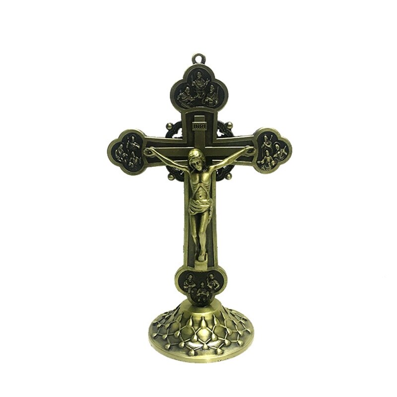 Cross Ornament Christus Katholieke Cross Beeldje Met Houten Basis Ambachten Voor Thuis Auto Kerk Desktop Decoratie Heilige Religieuze: Bronze
