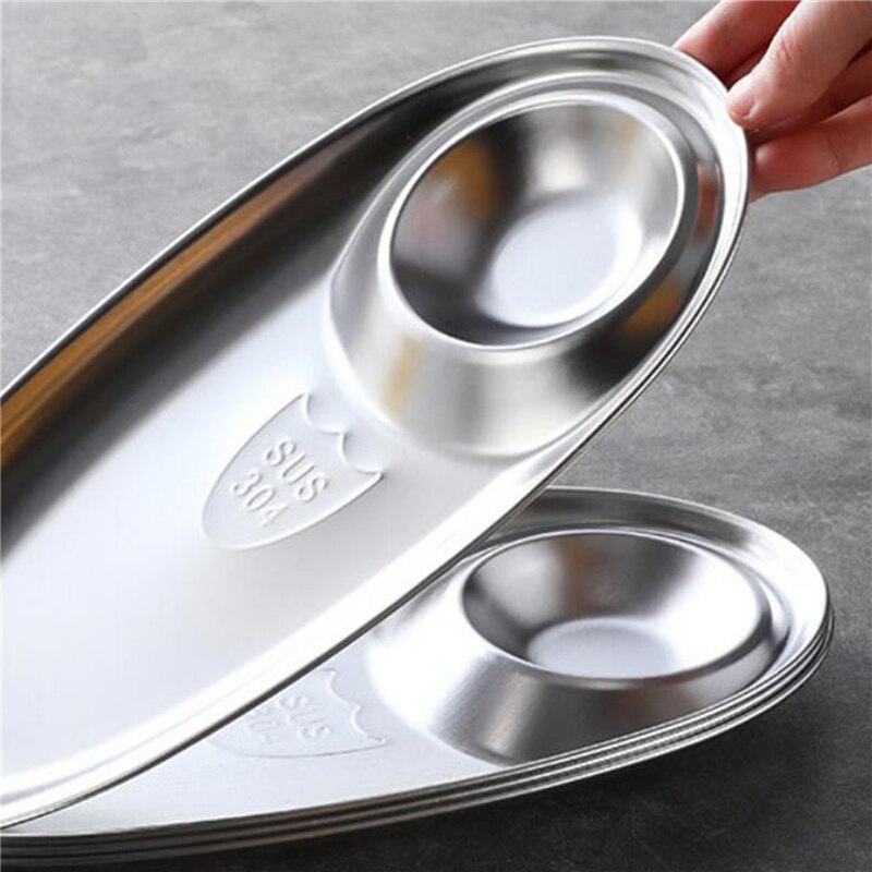 Kitchen Vegetable Plate Stainless Steel Fast Food Oval Sushi Shrimp Dumpling Kimchi BBQ Fast Food Seasoning Plate