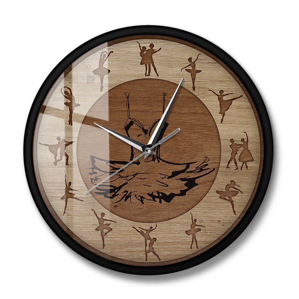 Ballet Time Ballerina Dancers Art Wood Texture Acrylic Printed Wall Clock Ballet TUTU Dress Girl Room Silent Hanging Wall Watch: Metal Frame