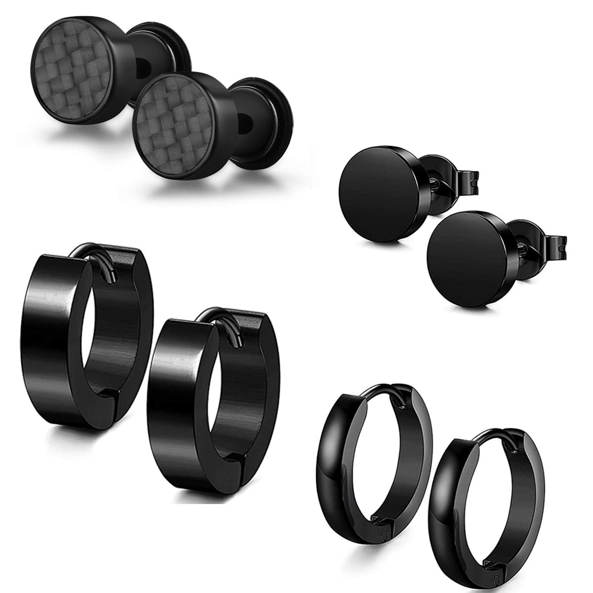 4 Pairs Mens Earrings Black Huggie Hoop- Stainless Steel Circle Piercing Earrings for Mens Women