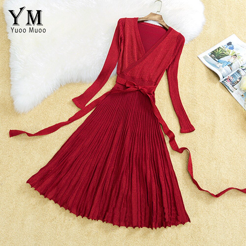 YuooMuoo Europese Stijl V-hals Elegante Vrouwen Herfst Jurk Shine Groene Gebreide Jurk Geplooide Winter Dames Jurk