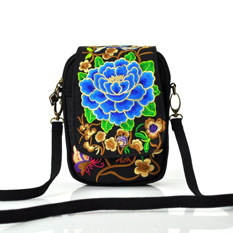 Vrouwen Schoudertas Travel Pouch Vintage Bloemen Geborduurde Crossbody Zip Tas Geborduurd Mobiele Telefoon Tas: Blue