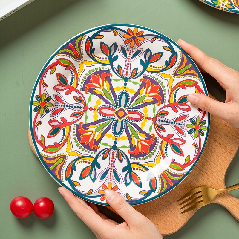 Ceramic Retro Dinnerware Bohemia Dinner Set 11inch Large Dessert Steak Plate 380ml Milk Coffee Mug 6inch Salad Bowl