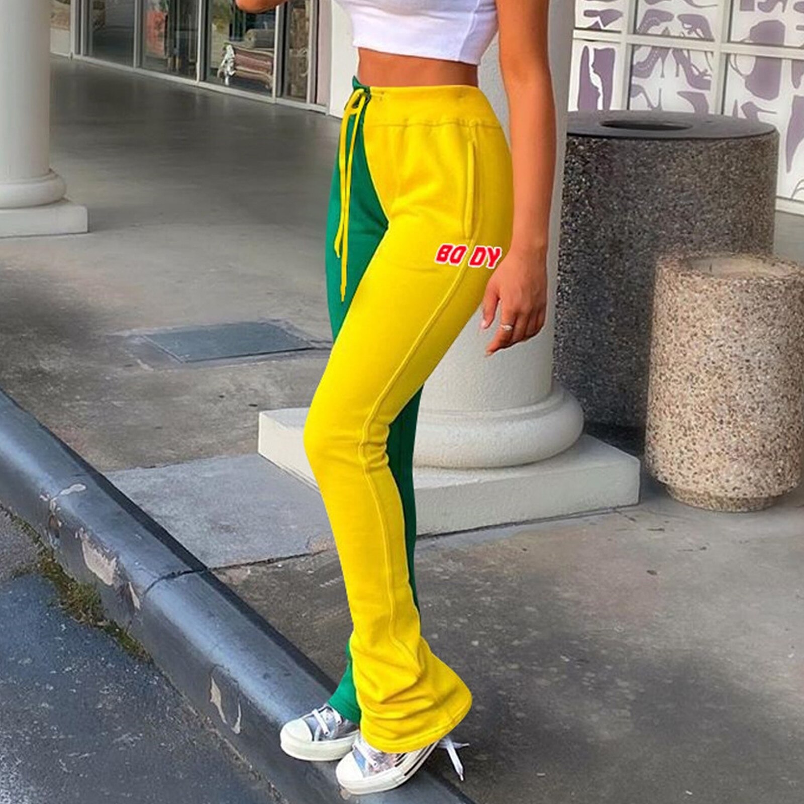 Winter Herfst Kleur Stiksels Trainingsbroek Vrouwen Flare Broek Joggers Hoge Wasit Lace Up Broek Streetwear Casual Track Pant: Yellow Green / Asian Size M